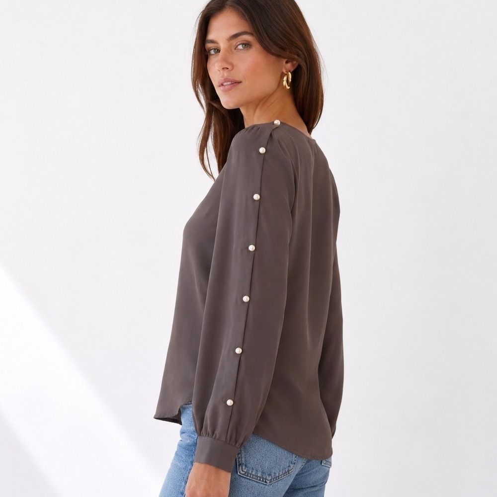 Amanda Uprichard Mauve Faux Pearl Button Shoulder Blouse Minimalist Top Petite S
